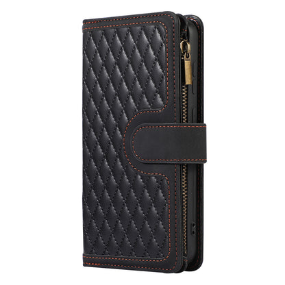 For Samsung Galaxy S23+ Zipper Pocket Leather Wallet Phone Case Rhombus Grid Card Holder Stand Cover