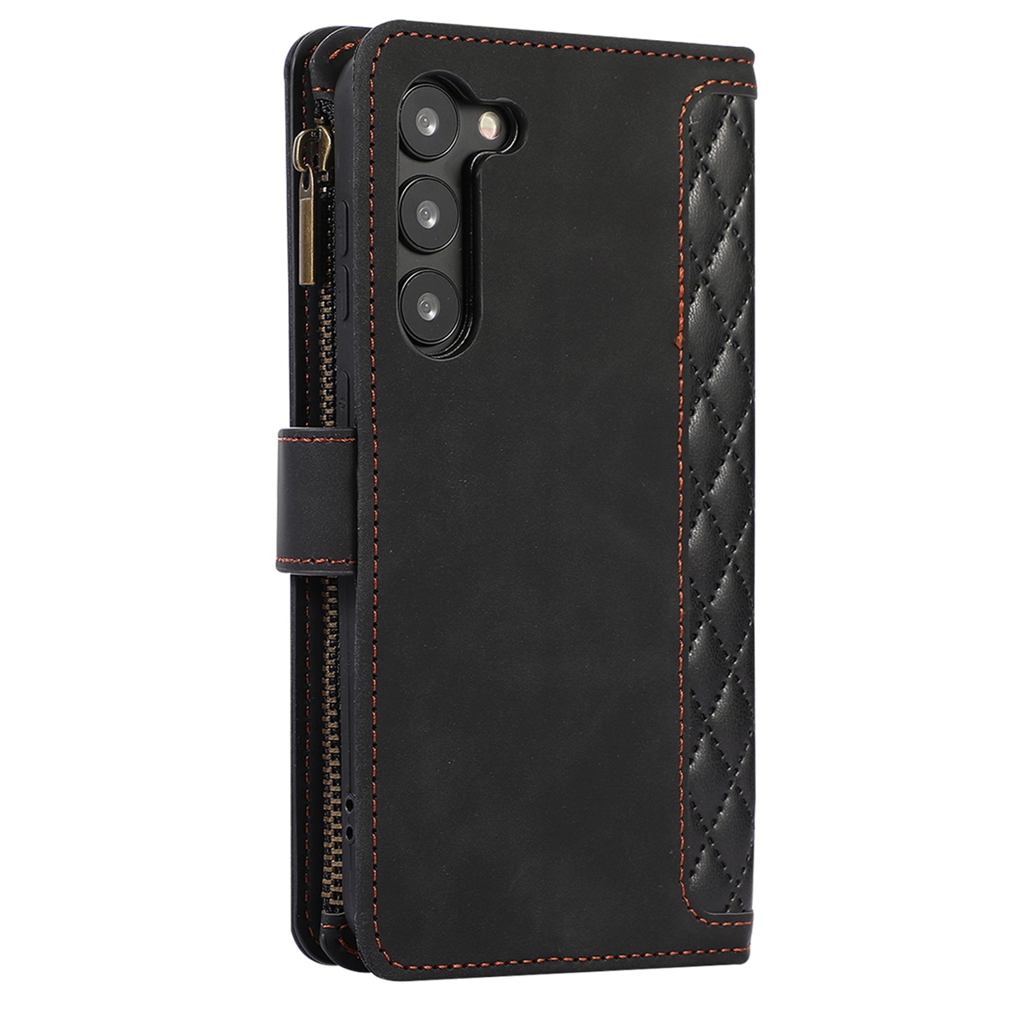 For Samsung Galaxy S23+ Zipper Pocket Leather Wallet Phone Case Rhombus Grid Card Holder Stand Cover