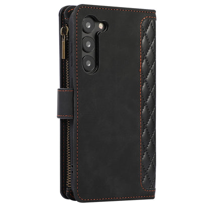 For Samsung Galaxy S23+ Zipper Pocket Leather Wallet Phone Case Rhombus Grid Card Holder Stand Cover