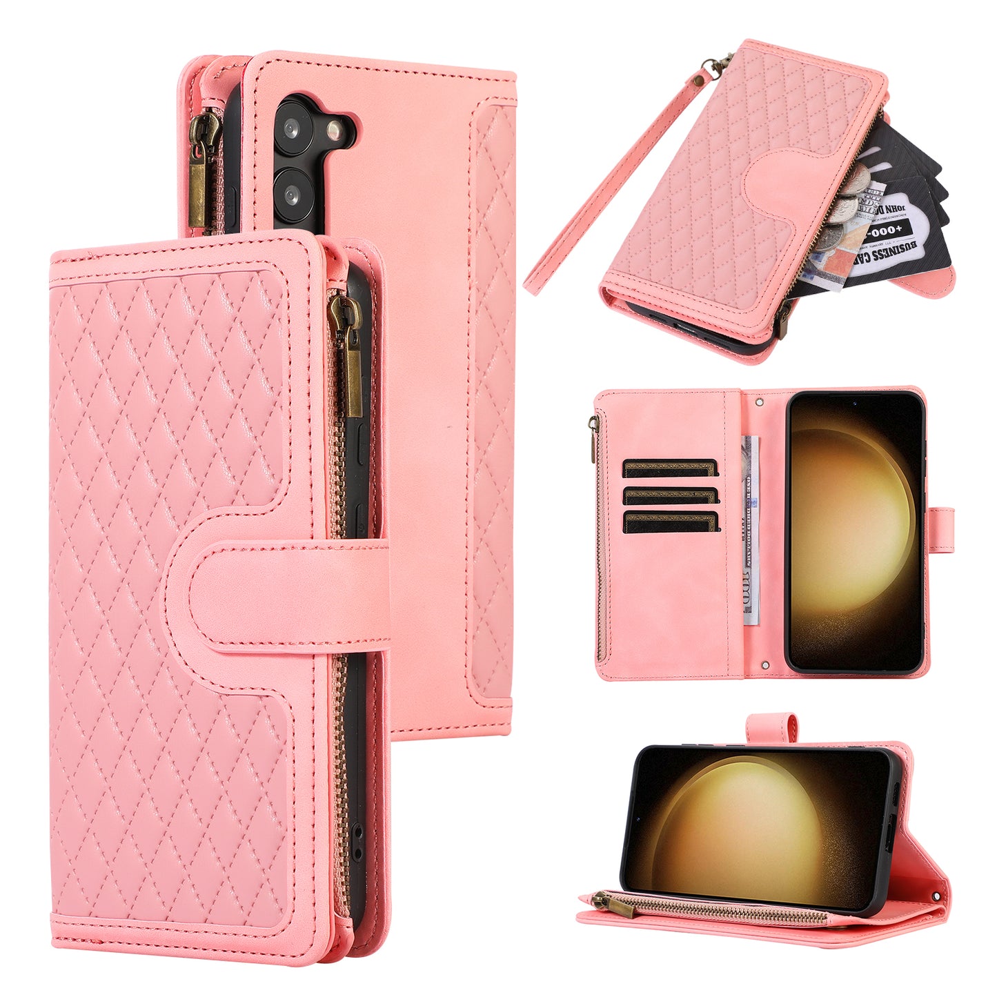 For Samsung Galaxy S23+ Zipper Pocket Leather Wallet Phone Case Rhombus Grid Card Holder Stand Cover