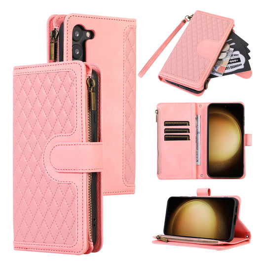 For Samsung Galaxy S23+ Zipper Pocket Leather Wallet Phone Case Rhombus Grid Card Holder Stand Cover