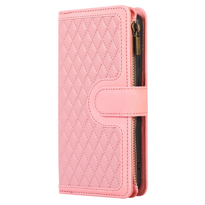 For Samsung Galaxy S23+ Zipper Pocket Leather Wallet Phone Case Rhombus Grid Card Holder Stand Cover