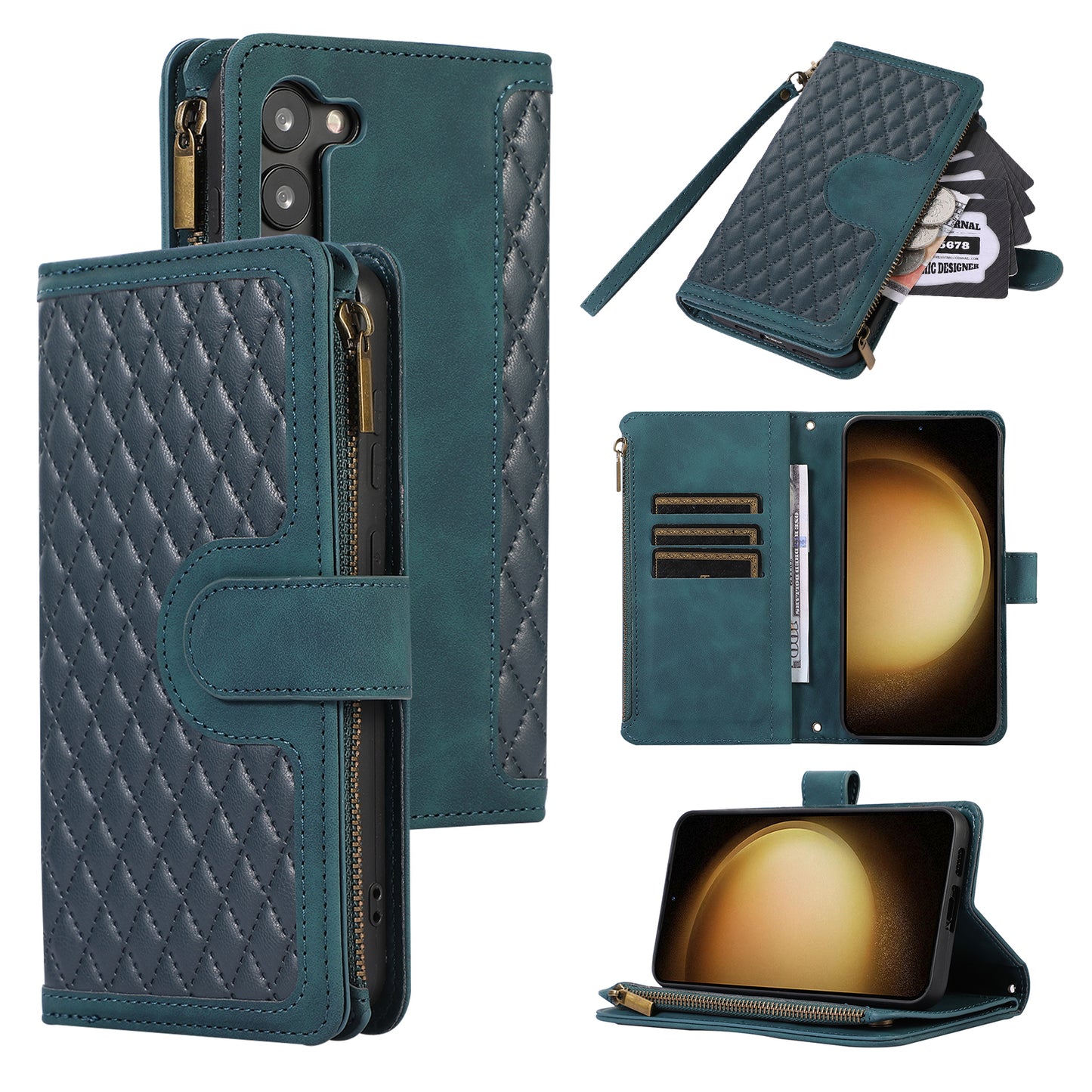 For Samsung Galaxy S23+ Zipper Pocket Leather Wallet Phone Case Rhombus Grid Card Holder Stand Cover