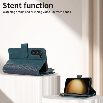 For Samsung Galaxy S23+ Zipper Pocket Leather Wallet Phone Case Rhombus Grid Card Holder Stand Cover