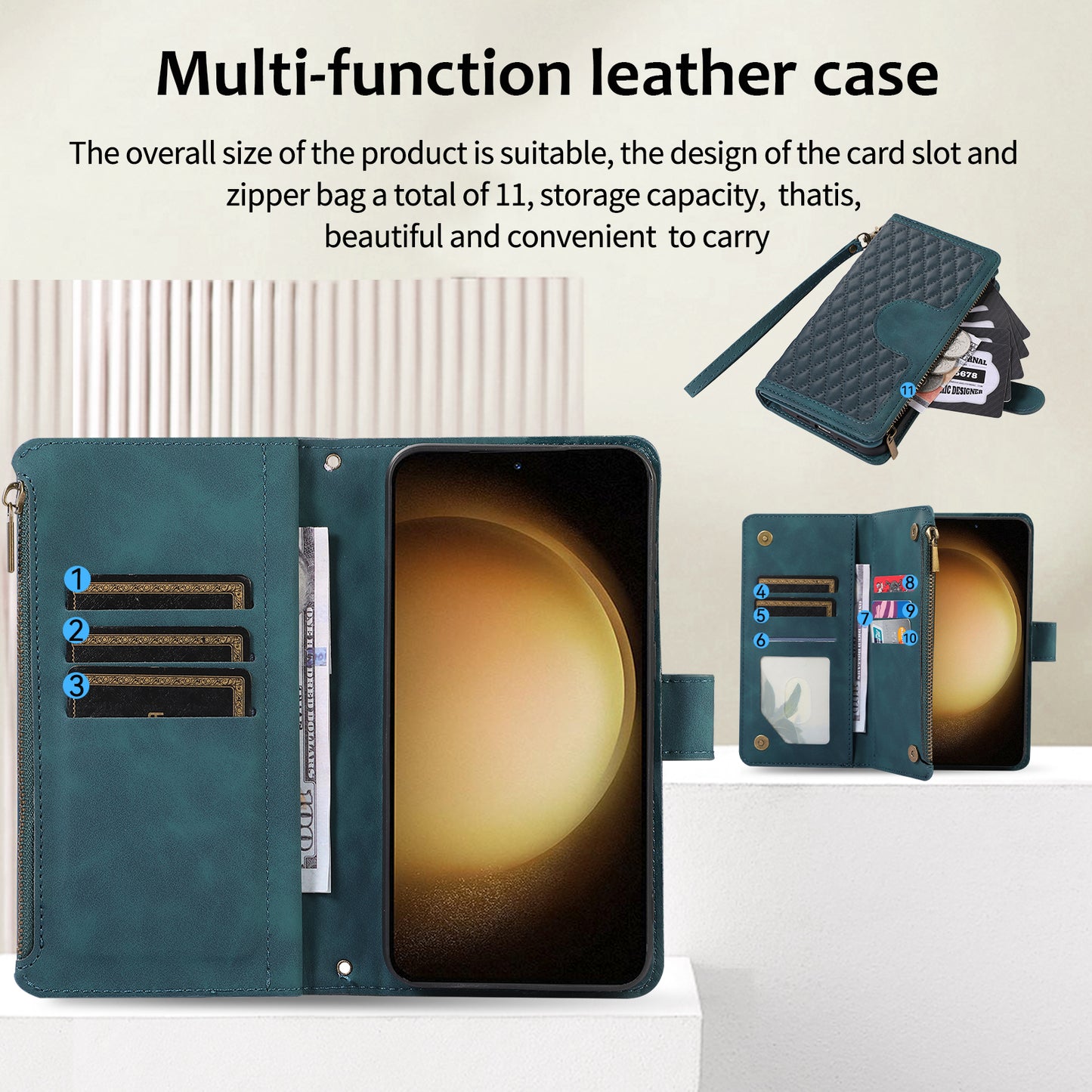 For Samsung Galaxy S23+ Zipper Pocket Leather Wallet Phone Case Rhombus Grid Card Holder Stand Cover