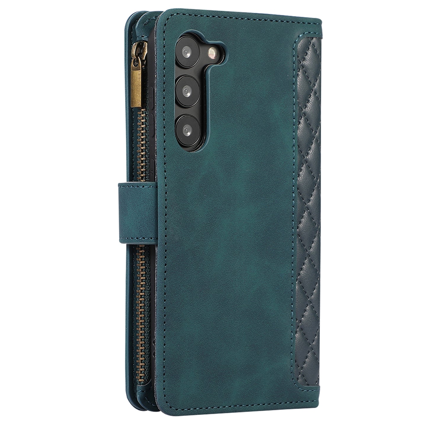 For Samsung Galaxy S23+ Zipper Pocket Leather Wallet Phone Case Rhombus Grid Card Holder Stand Cover