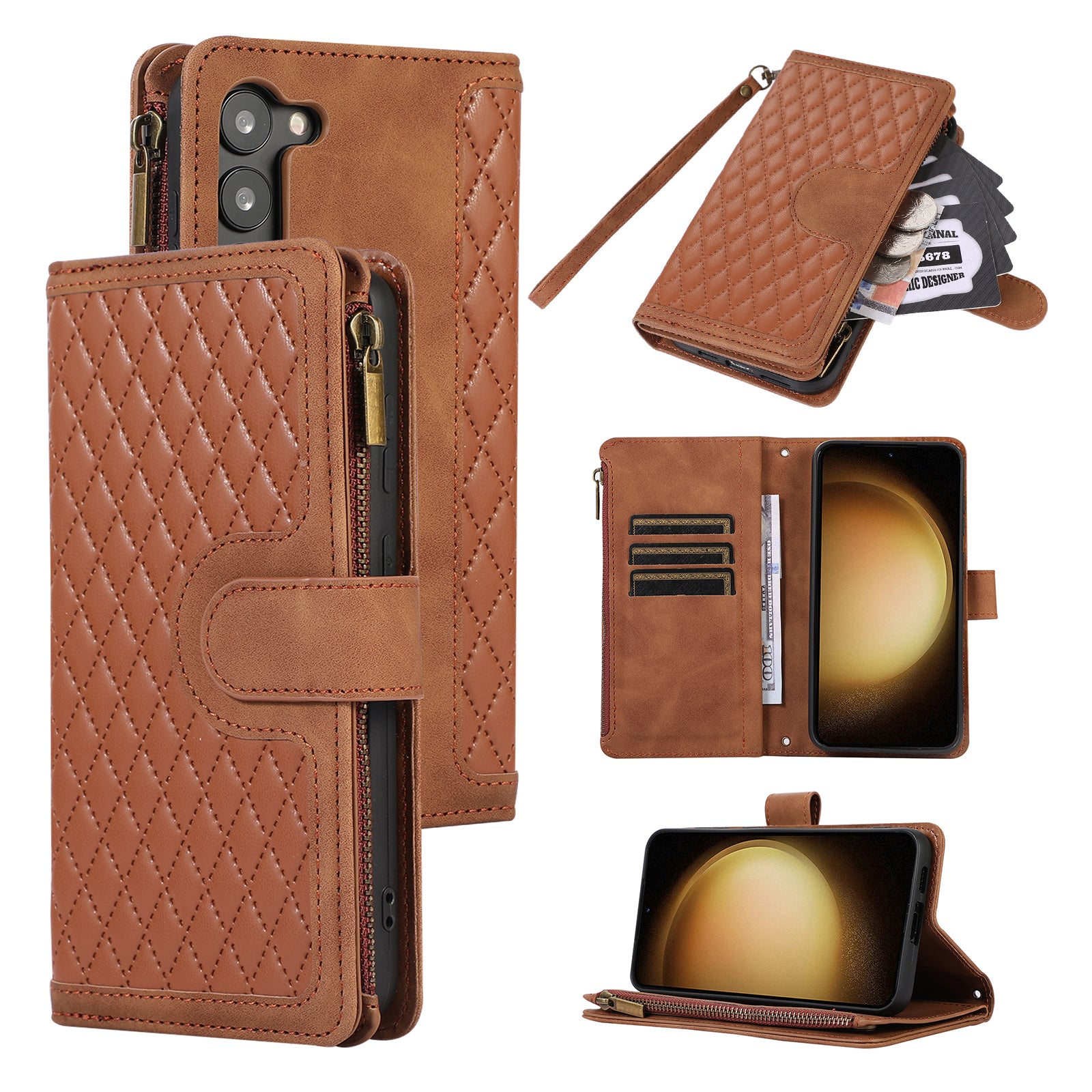 For Samsung Galaxy S23+ Zipper Pocket Leather Wallet Phone Case Rhombus Grid Card Holder Stand Cover
