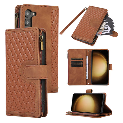 For Samsung Galaxy S23+ Zipper Pocket Leather Wallet Phone Case Rhombus Grid Card Holder Stand Cover
