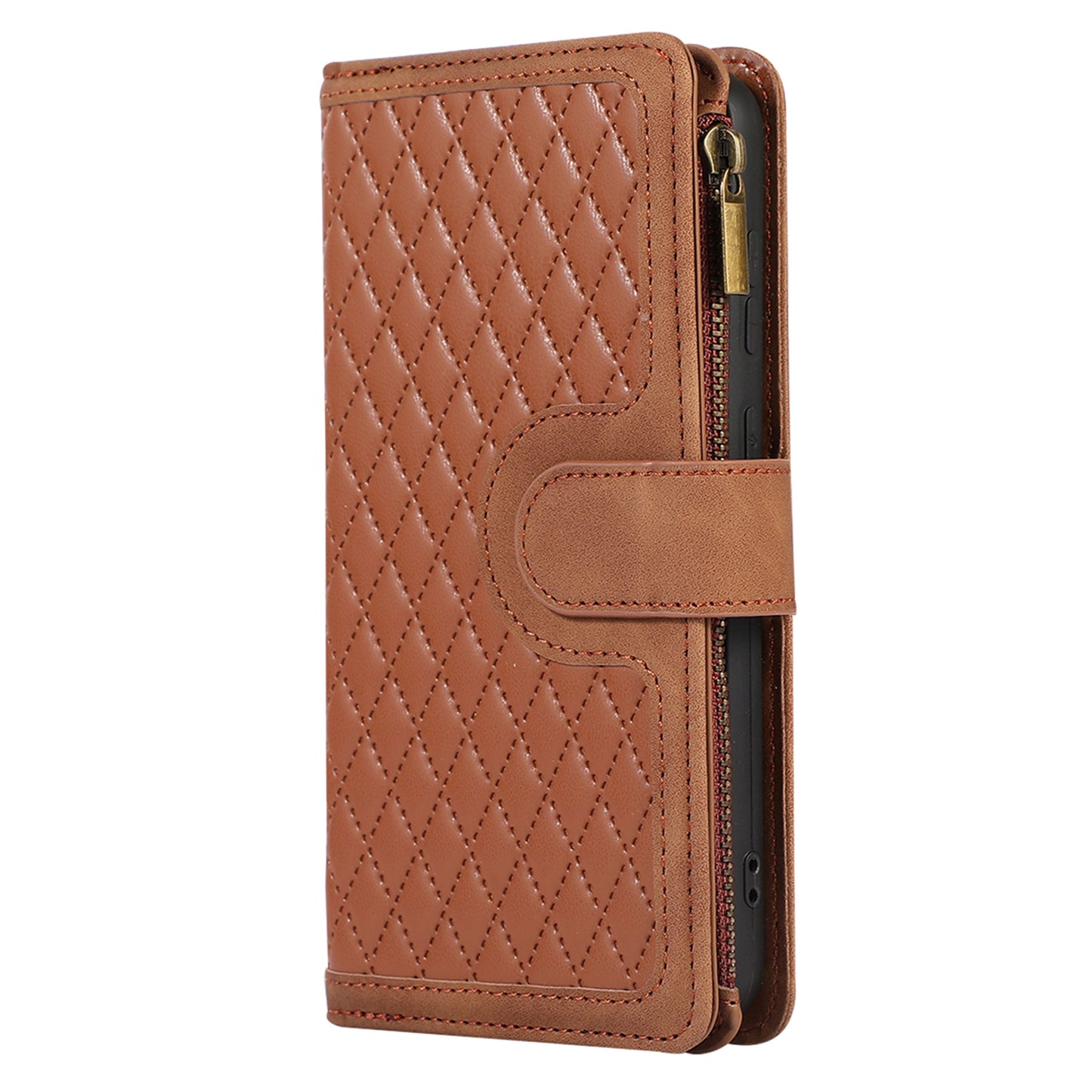 For Samsung Galaxy S23+ Zipper Pocket Leather Wallet Phone Case Rhombus Grid Card Holder Stand Cover