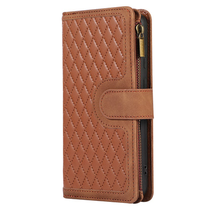 For Samsung Galaxy S23+ Zipper Pocket Leather Wallet Phone Case Rhombus Grid Card Holder Stand Cover