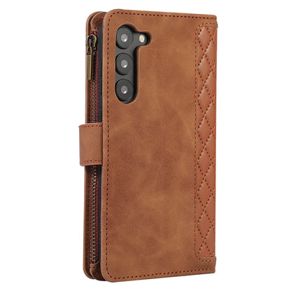For Samsung Galaxy S23+ Zipper Pocket Leather Wallet Phone Case Rhombus Grid Card Holder Stand Cover