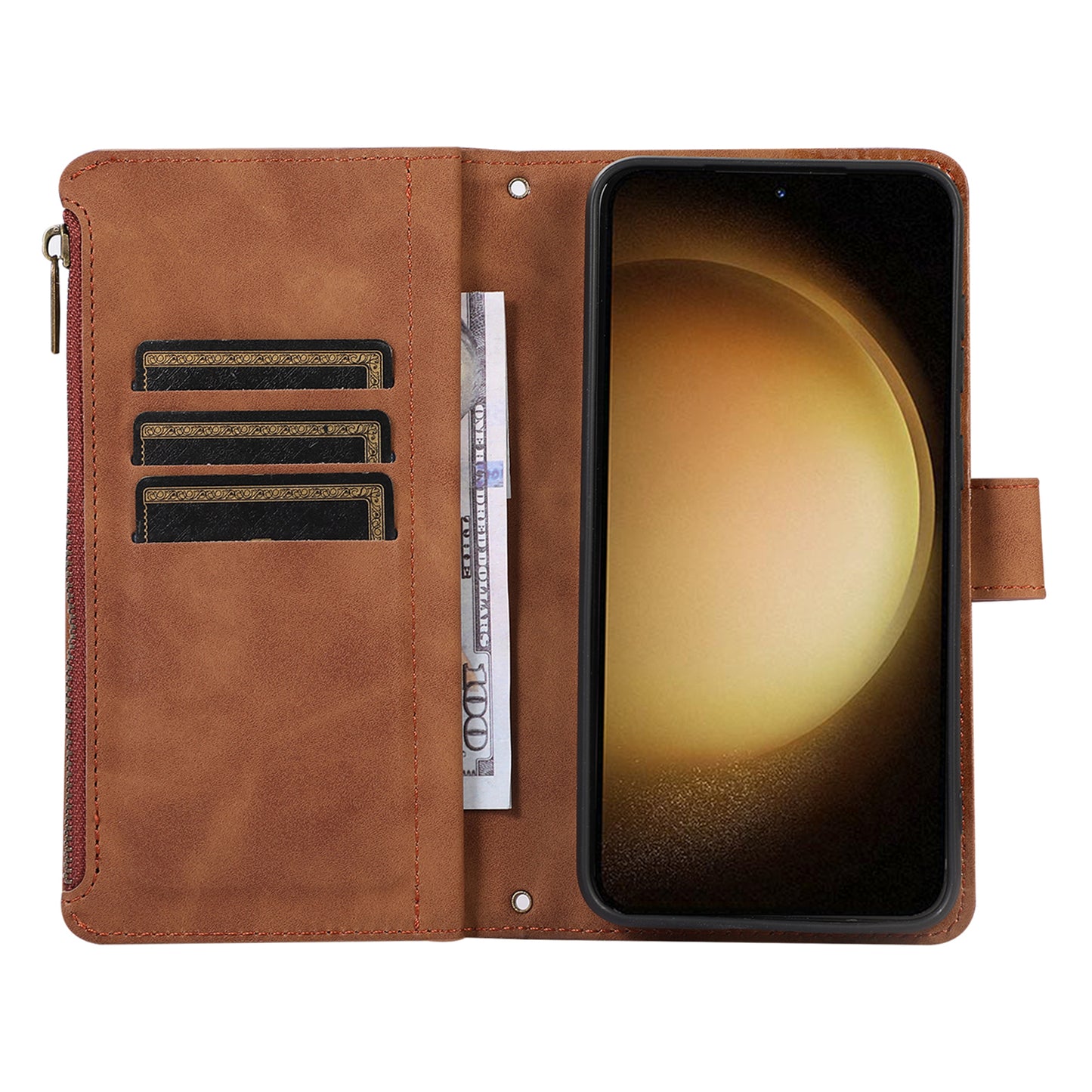 For Samsung Galaxy S23+ Zipper Pocket Leather Wallet Phone Case Rhombus Grid Card Holder Stand Cover