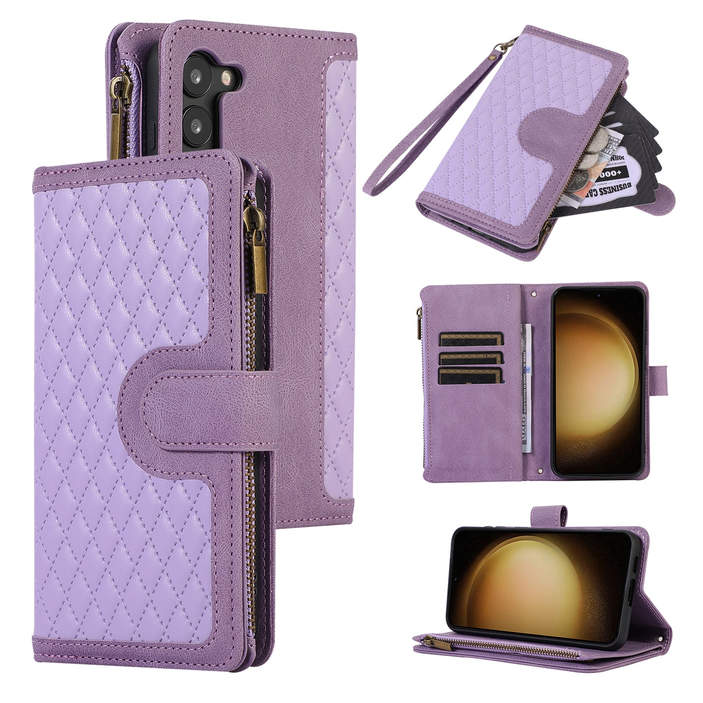 For Samsung Galaxy S23+ Zipper Pocket Leather Wallet Phone Case Rhombus Grid Card Holder Stand Cover