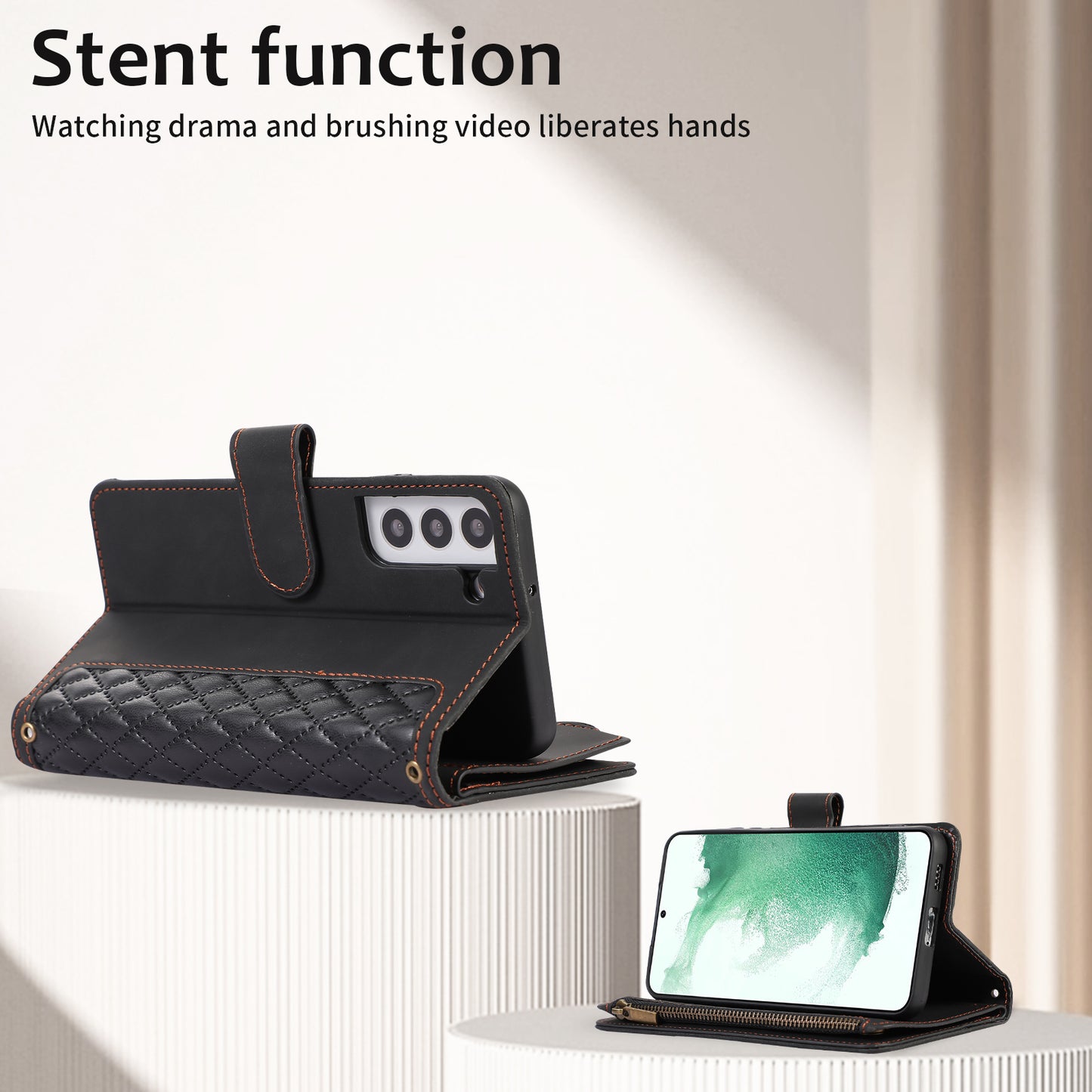 For Samsung Galaxy S22 5G 9 Card Slots Zipper Pocket PU Leather Phone Case Rhombus Imprint Stand Wallet Cover