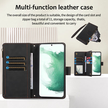 For Samsung Galaxy S22 5G 9 Card Slots Zipper Pocket PU Leather Phone Case Rhombus Imprint Stand Wallet Cover