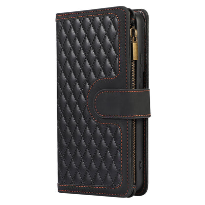 For Samsung Galaxy S22 5G 9 Card Slots Zipper Pocket PU Leather Phone Case Rhombus Imprint Stand Wallet Cover