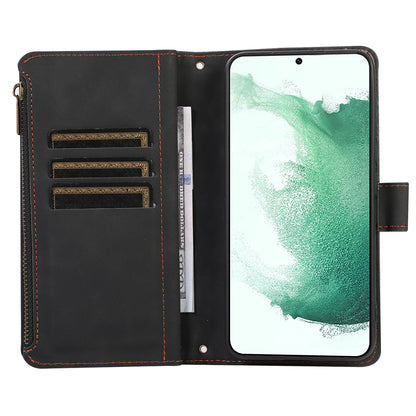 For Samsung Galaxy S22 5G 9 Card Slots Zipper Pocket PU Leather Phone Case Rhombus Imprint Stand Wallet Cover