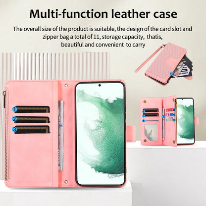 For Samsung Galaxy S22 5G 9 Card Slots Zipper Pocket PU Leather Phone Case Rhombus Imprint Stand Wallet Cover