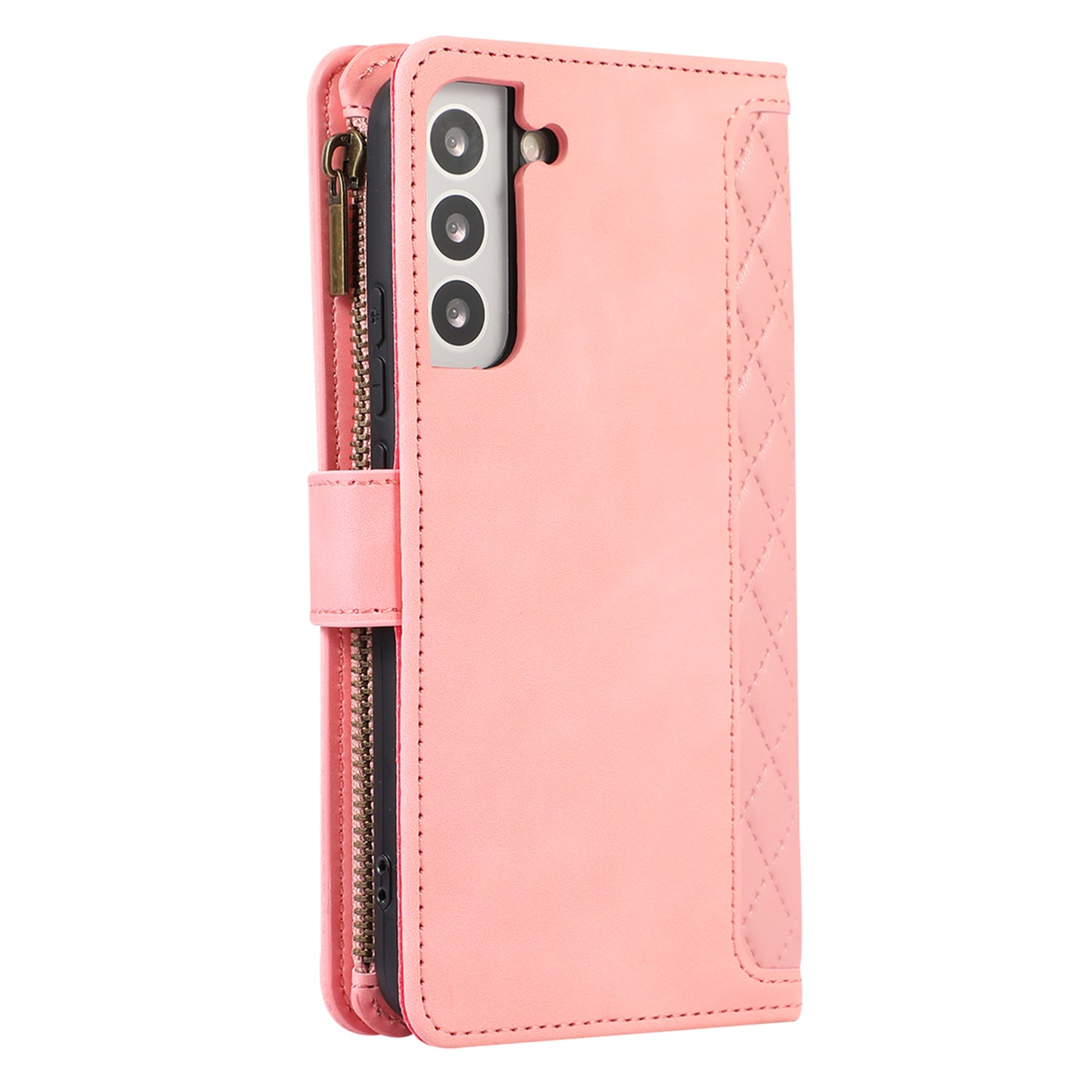 For Samsung Galaxy S22 5G 9 Card Slots Zipper Pocket PU Leather Phone Case Rhombus Imprint Stand Wallet Cover