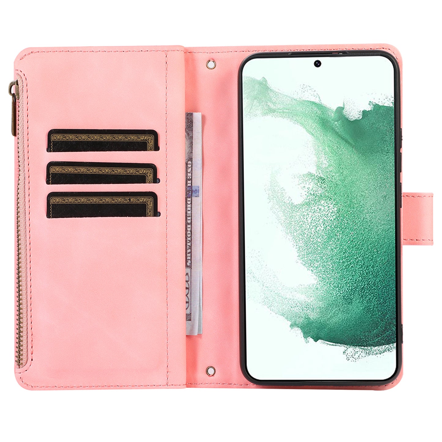 For Samsung Galaxy S22 5G 9 Card Slots Zipper Pocket PU Leather Phone Case Rhombus Imprint Stand Wallet Cover