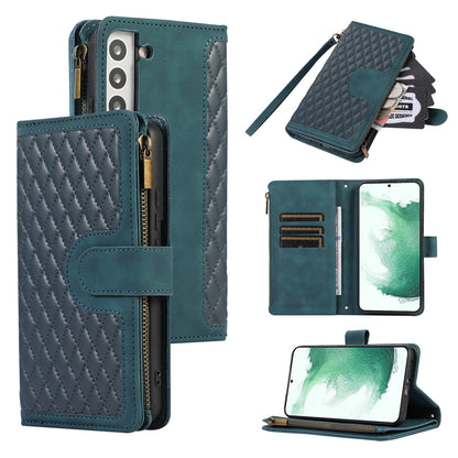 For Samsung Galaxy S22 5G 9 Card Slots Zipper Pocket PU Leather Phone Case Rhombus Imprint Stand Wallet Cover
