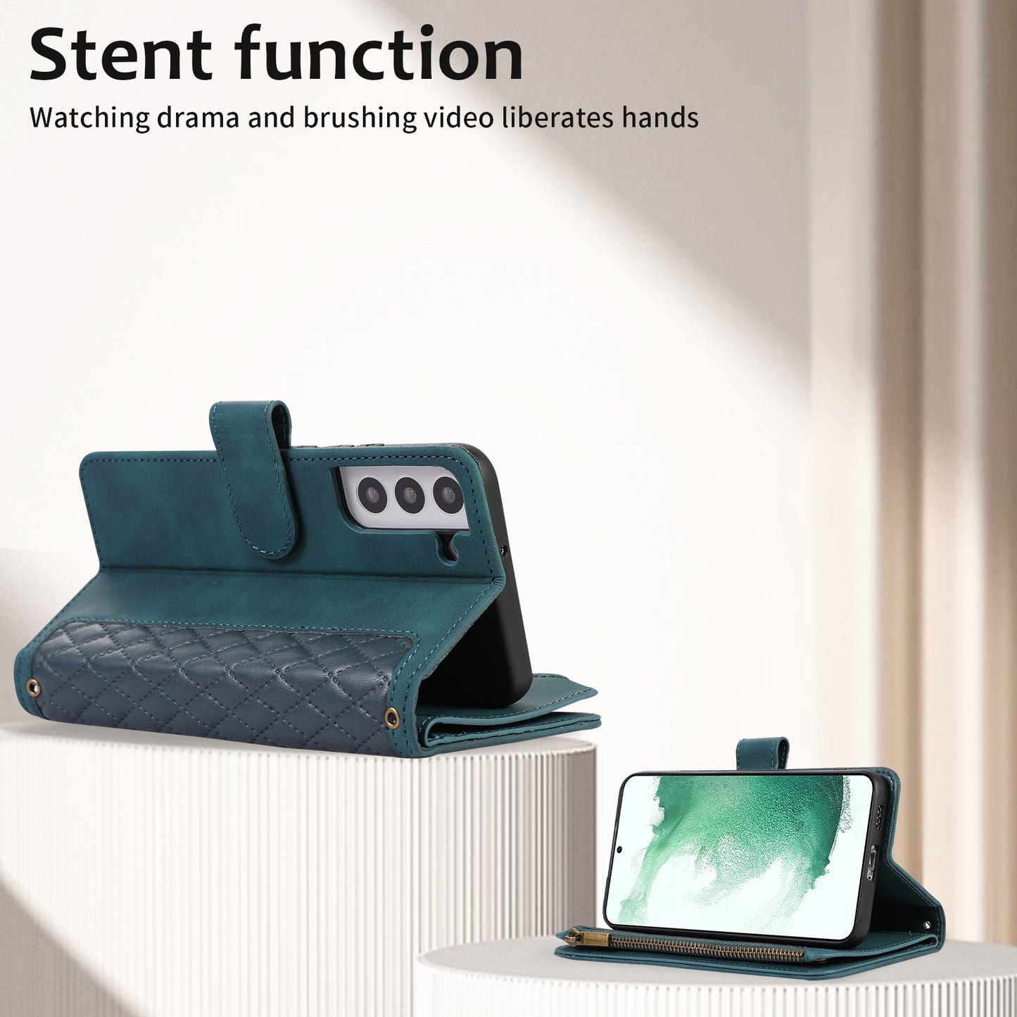 For Samsung Galaxy S22 5G 9 Card Slots Zipper Pocket PU Leather Phone Case Rhombus Imprint Stand Wallet Cover