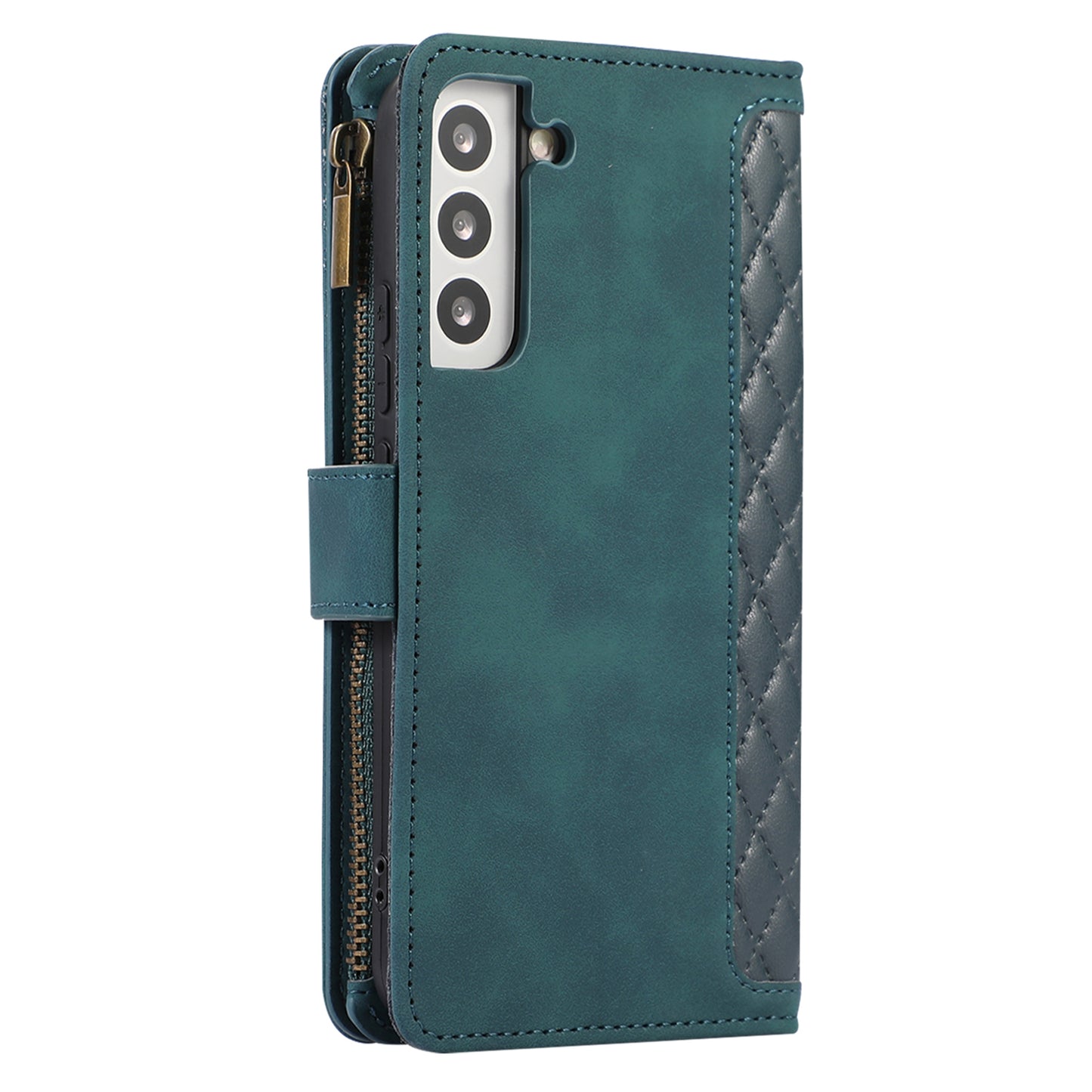 For Samsung Galaxy S22 5G 9 Card Slots Zipper Pocket PU Leather Phone Case Rhombus Imprint Stand Wallet Cover