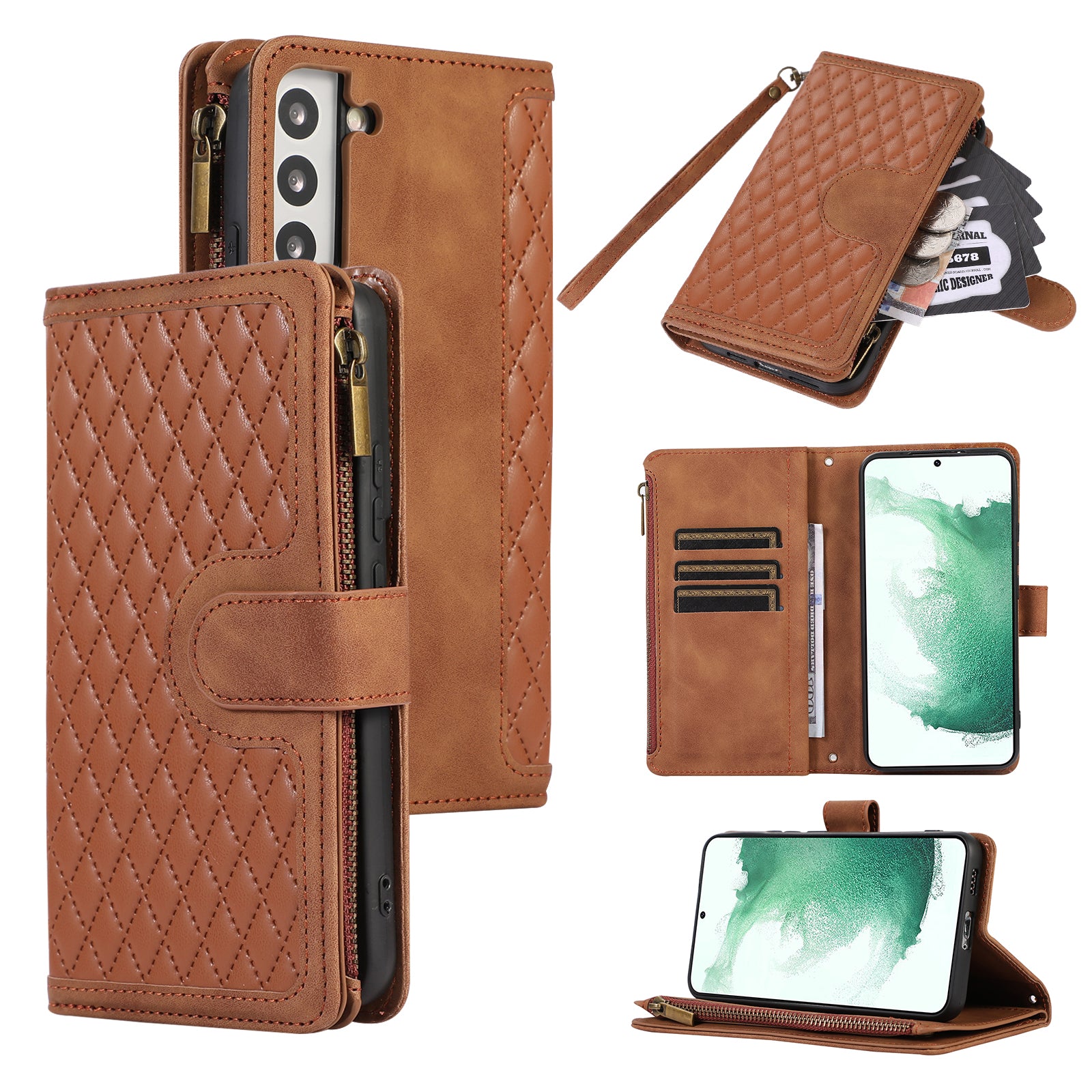 For Samsung Galaxy S22 5G 9 Card Slots Zipper Pocket PU Leather Phone Case Rhombus Imprint Stand Wallet Cover