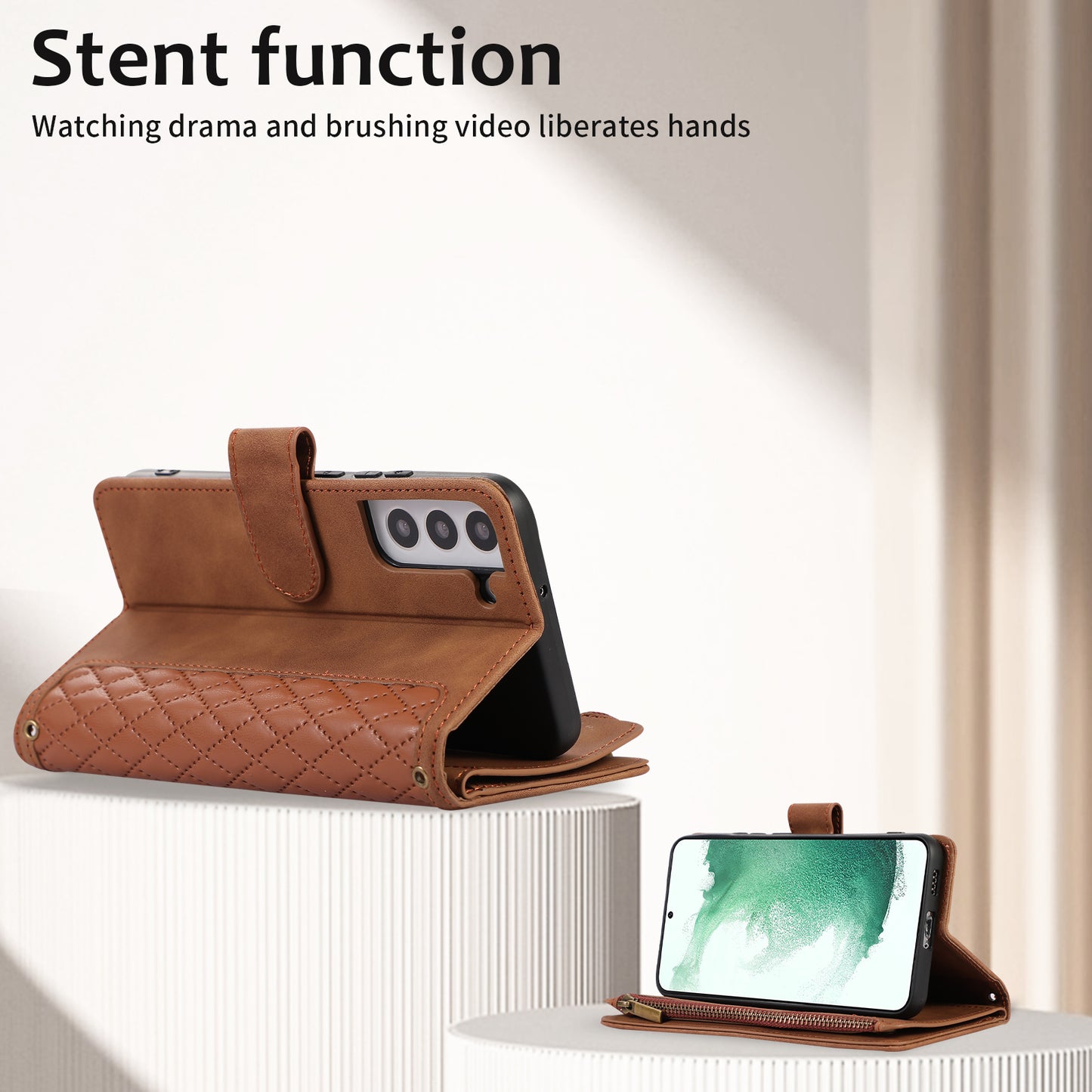 For Samsung Galaxy S22 5G 9 Card Slots Zipper Pocket PU Leather Phone Case Rhombus Imprint Stand Wallet Cover