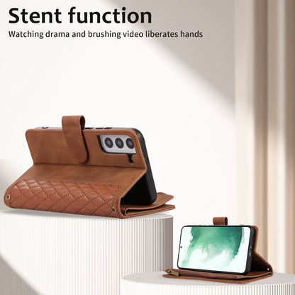 For Samsung Galaxy S22 5G 9 Card Slots Zipper Pocket PU Leather Phone Case Rhombus Imprint Stand Wallet Cover