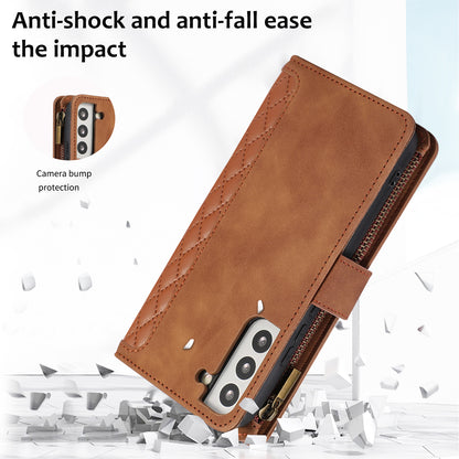 For Samsung Galaxy S22 5G 9 Card Slots Zipper Pocket PU Leather Phone Case Rhombus Imprint Stand Wallet Cover