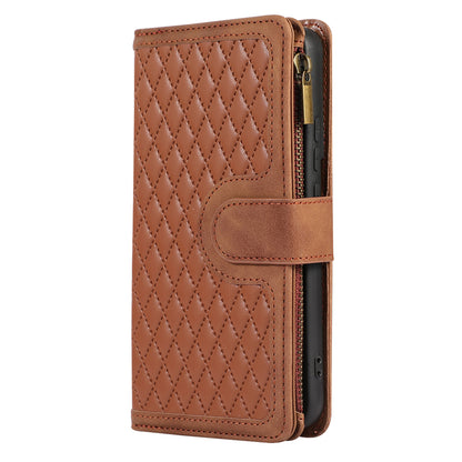 For Samsung Galaxy S22 5G 9 Card Slots Zipper Pocket PU Leather Phone Case Rhombus Imprint Stand Wallet Cover