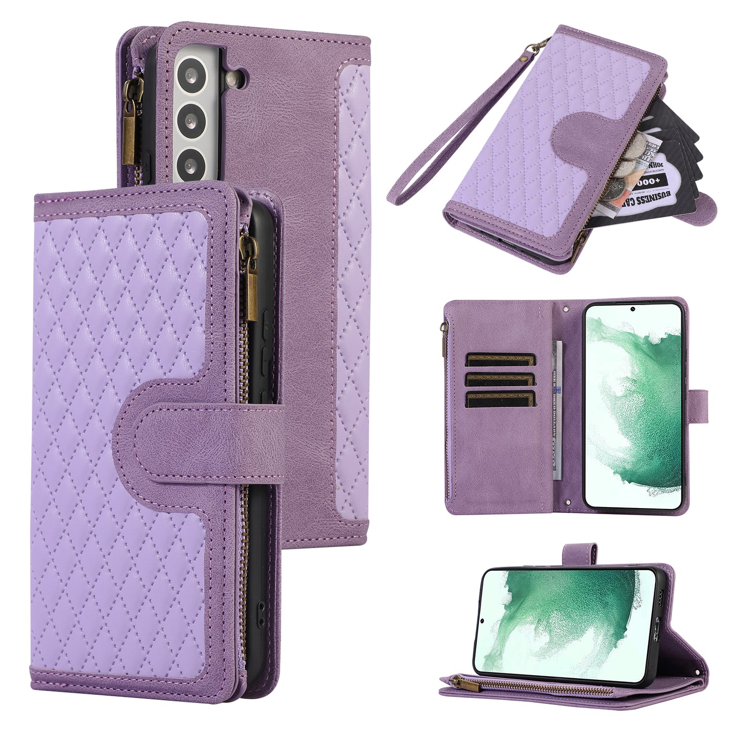 For Samsung Galaxy S22 5G 9 Card Slots Zipper Pocket PU Leather Phone Case Rhombus Imprint Stand Wallet Cover