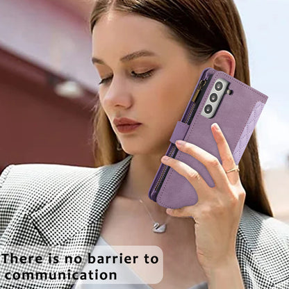 For Samsung Galaxy S22 5G 9 Card Slots Zipper Pocket PU Leather Phone Case Rhombus Imprint Stand Wallet Cover