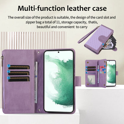 For Samsung Galaxy S22 5G 9 Card Slots Zipper Pocket PU Leather Phone Case Rhombus Imprint Stand Wallet Cover