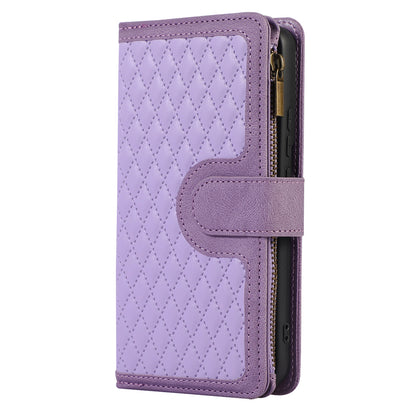 For Samsung Galaxy S22 5G 9 Card Slots Zipper Pocket PU Leather Phone Case Rhombus Imprint Stand Wallet Cover