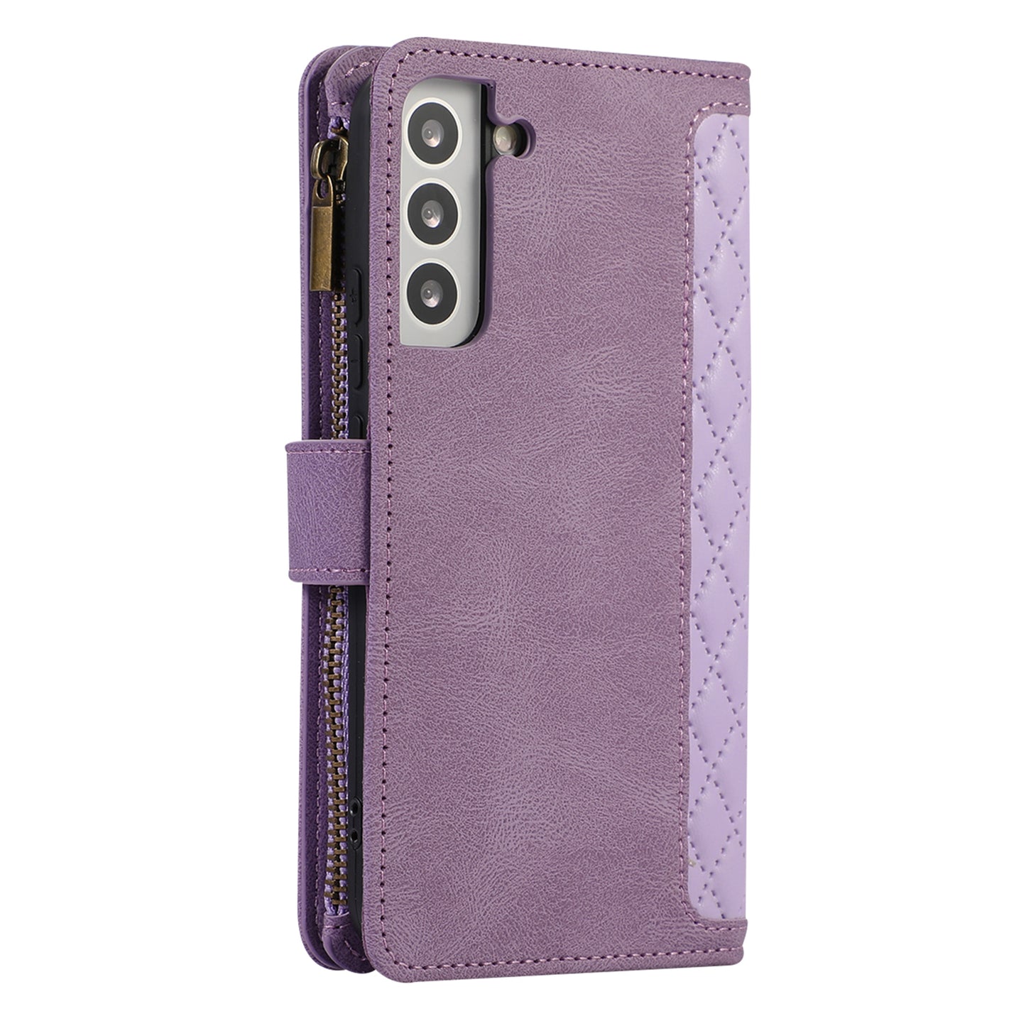 For Samsung Galaxy S22 5G 9 Card Slots Zipper Pocket PU Leather Phone Case Rhombus Imprint Stand Wallet Cover