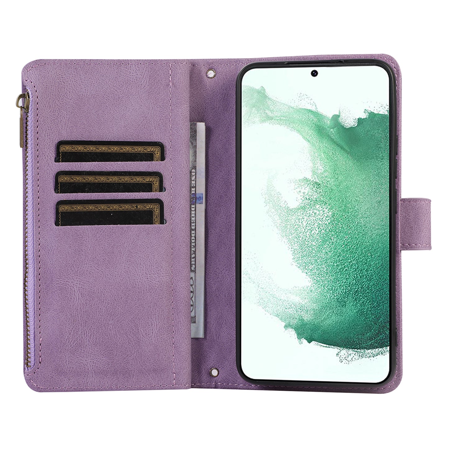 For Samsung Galaxy S22 5G 9 Card Slots Zipper Pocket PU Leather Phone Case Rhombus Imprint Stand Wallet Cover