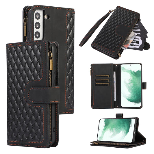 Leather Phone Case for Samsung Galaxy S22+ 5G 9 Card Slots Zipper Pocket Rhombus Imprint Stand Wallet Cover