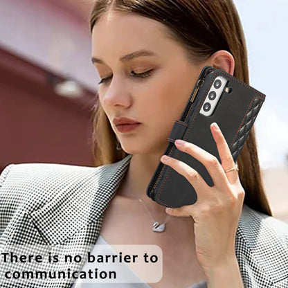Leather Phone Case for Samsung Galaxy S22+ 5G 9 Card Slots Zipper Pocket Rhombus Imprint Stand Wallet Cover