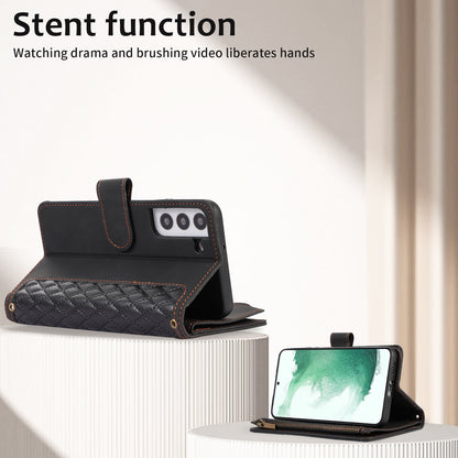 Leather Phone Case for Samsung Galaxy S22+ 5G 9 Card Slots Zipper Pocket Rhombus Imprint Stand Wallet Cover