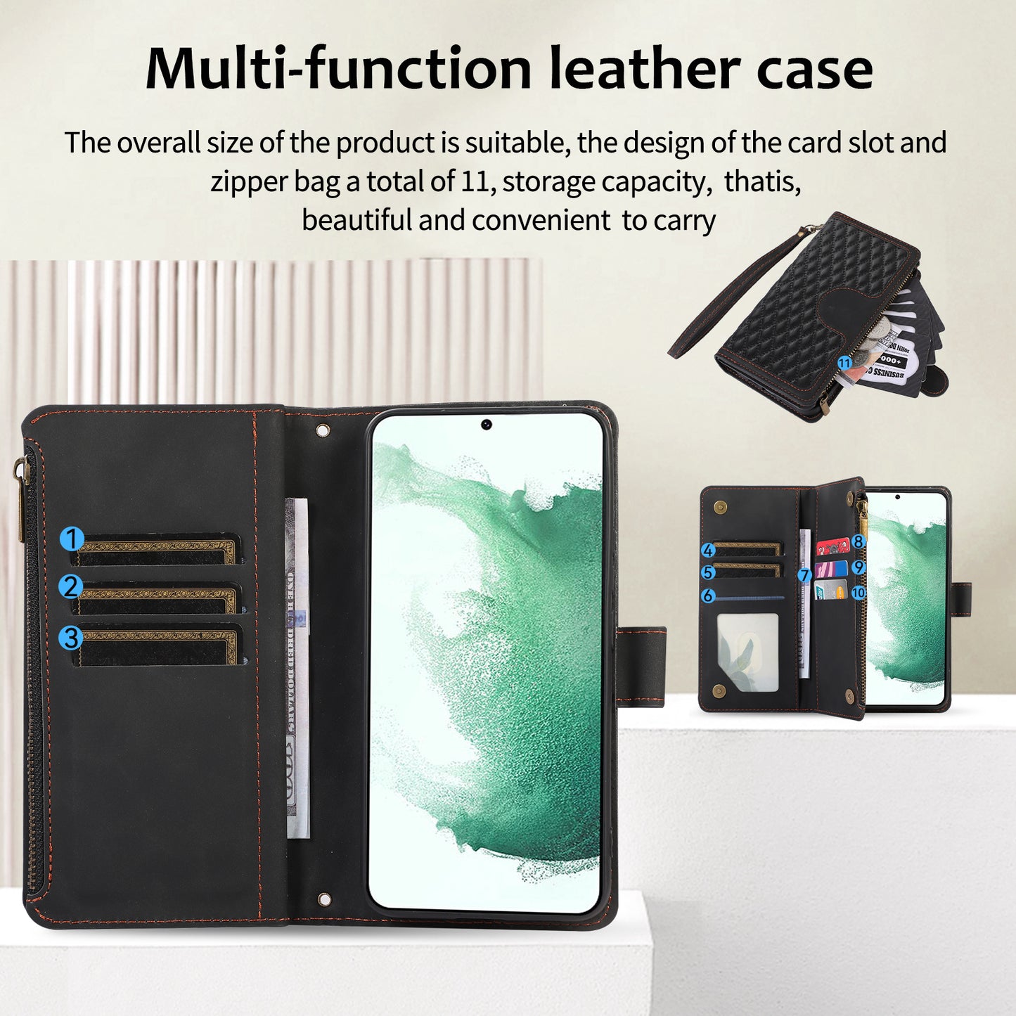 Leather Phone Case for Samsung Galaxy S22+ 5G 9 Card Slots Zipper Pocket Rhombus Imprint Stand Wallet Cover
