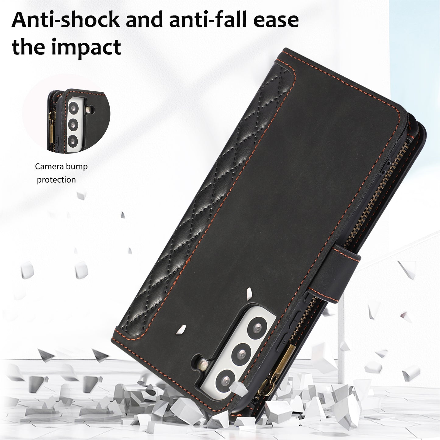 Leather Phone Case for Samsung Galaxy S22+ 5G 9 Card Slots Zipper Pocket Rhombus Imprint Stand Wallet Cover