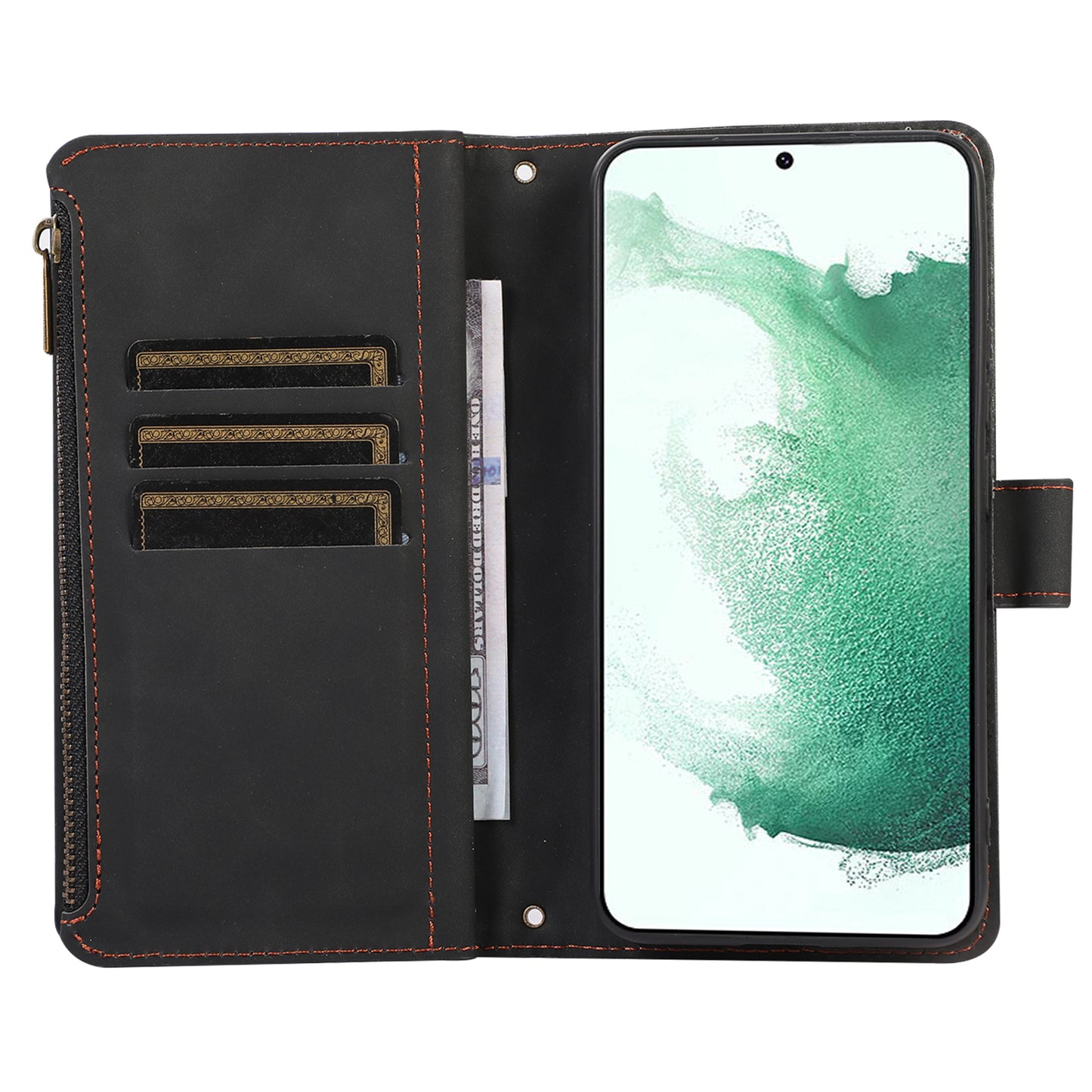 Leather Phone Case for Samsung Galaxy S22+ 5G 9 Card Slots Zipper Pocket Rhombus Imprint Stand Wallet Cover