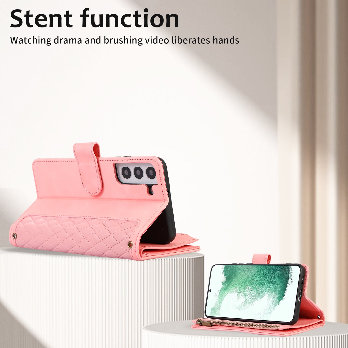 Leather Phone Case for Samsung Galaxy S22+ 5G 9 Card Slots Zipper Pocket Rhombus Imprint Stand Wallet Cover