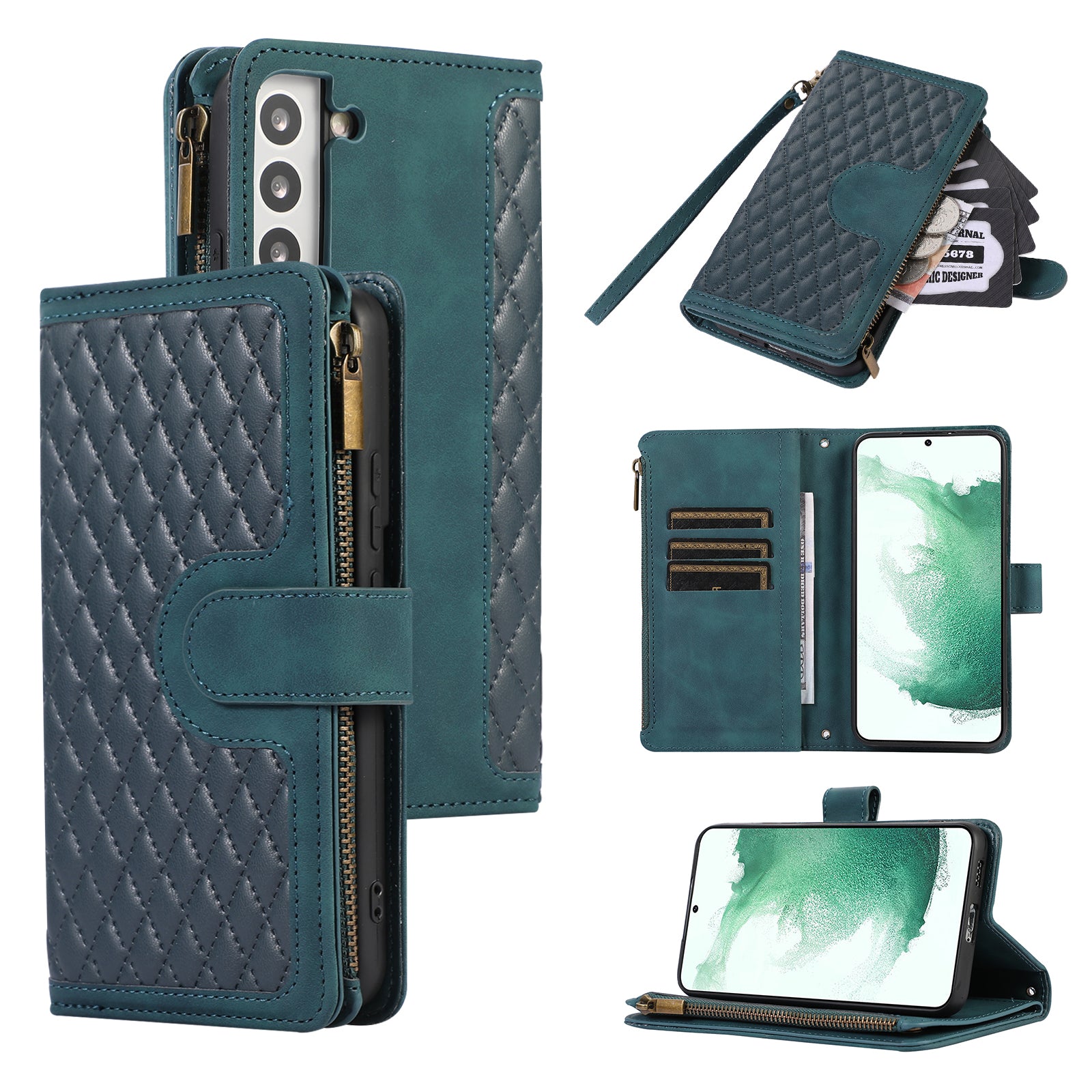 Leather Phone Case for Samsung Galaxy S22+ 5G 9 Card Slots Zipper Pocket Rhombus Imprint Stand Wallet Cover
