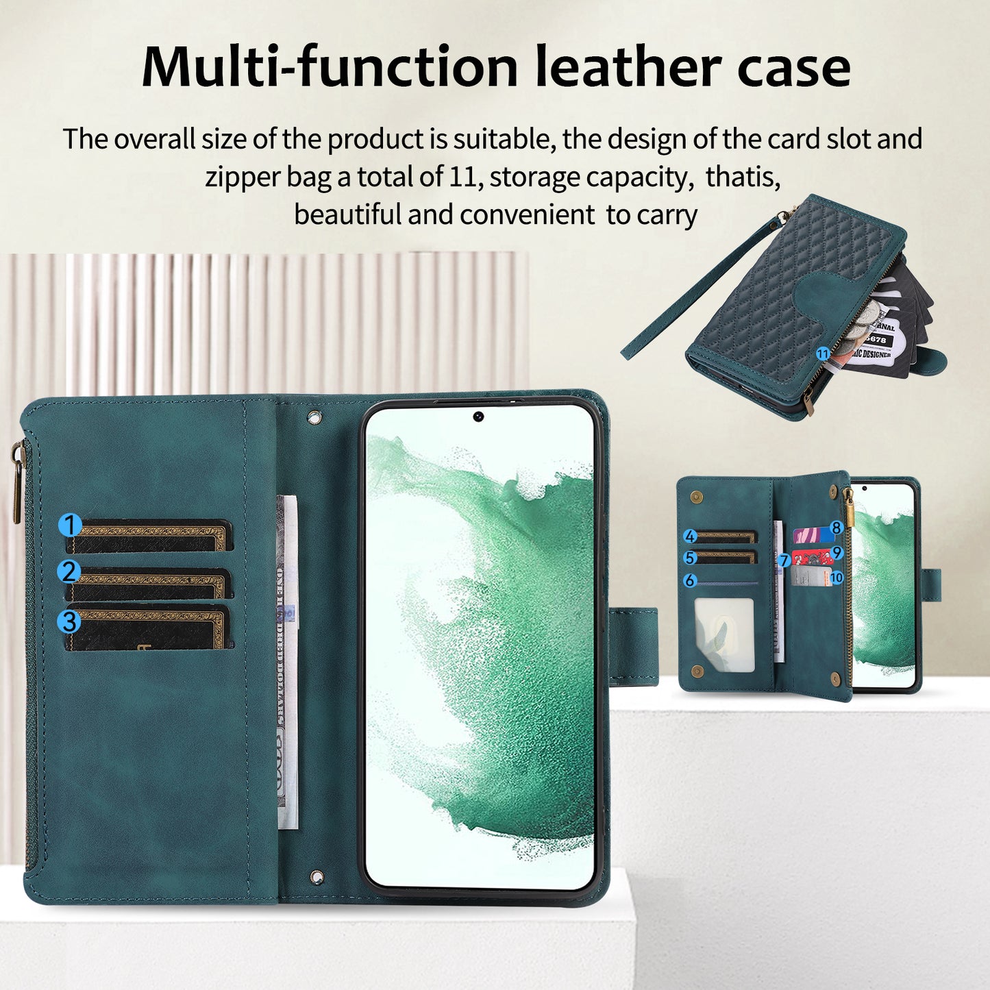 Leather Phone Case for Samsung Galaxy S22+ 5G 9 Card Slots Zipper Pocket Rhombus Imprint Stand Wallet Cover