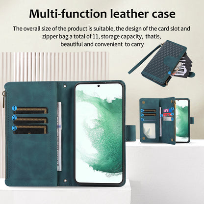 Leather Phone Case for Samsung Galaxy S22+ 5G 9 Card Slots Zipper Pocket Rhombus Imprint Stand Wallet Cover