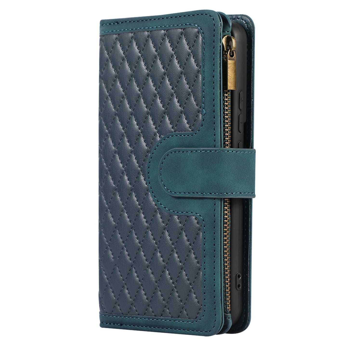 Leather Phone Case for Samsung Galaxy S22+ 5G 9 Card Slots Zipper Pocket Rhombus Imprint Stand Wallet Cover