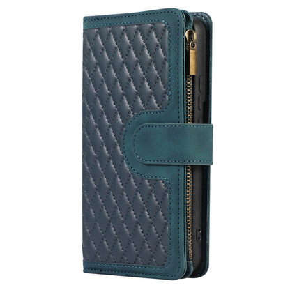 Leather Phone Case for Samsung Galaxy S22+ 5G 9 Card Slots Zipper Pocket Rhombus Imprint Stand Wallet Cover